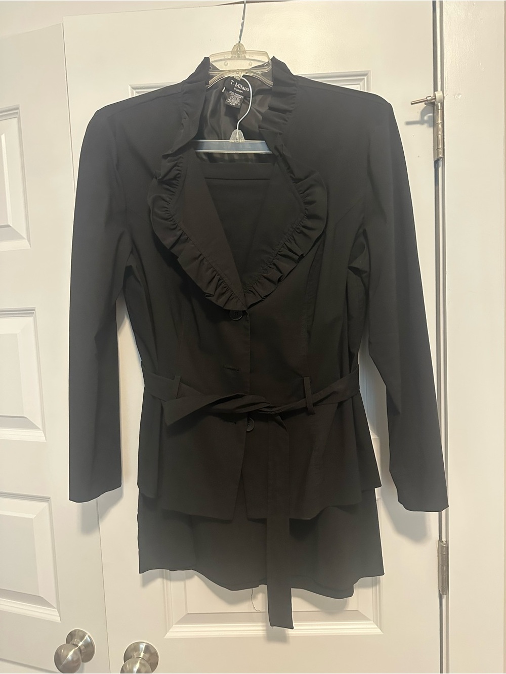 Milano Black Ruffle-Trim Belted Blazer